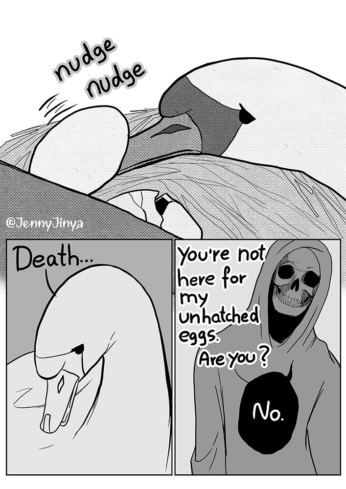 ambiguous_gender anatid animated_skeleton anseriform anserinae avian bird bone comic death_(personification) duo egg english_text feral greyscale jenny_jinya loving_reaper monochrome skeleton swan text undead