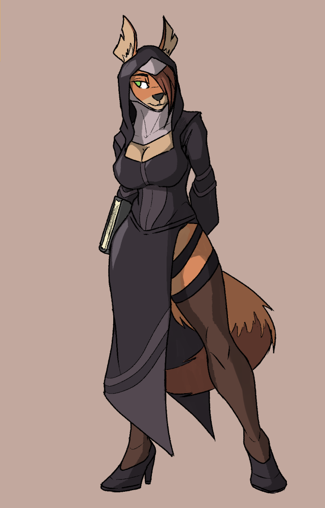 2020 akweer breasts brown_body brown_nose canid canine clothed clothing female footwear fox green_eyes hands_behind_back high_heels legwear long_tail mammal nun orange_body roxanne_(spikedmauler) shaded shoes simple_background stockings yellow_body