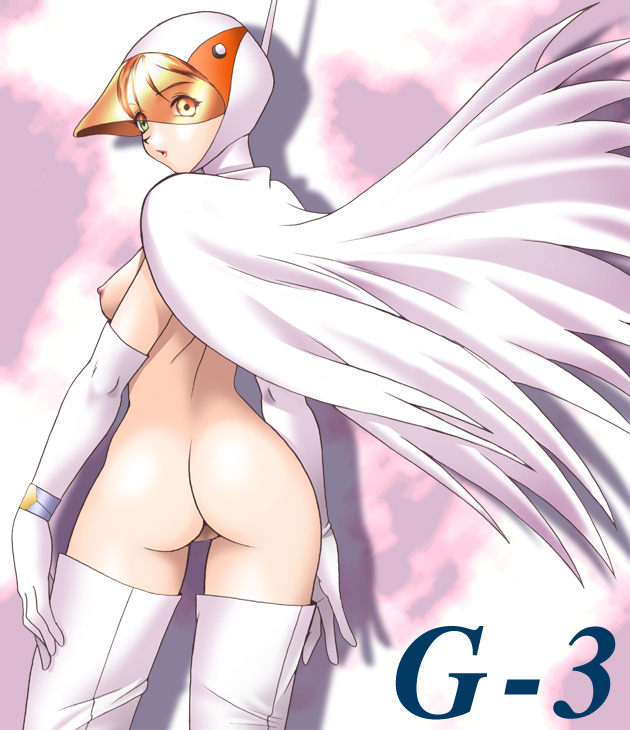 1girl ass battle_of_the_planets bird breasts elbow_gloves female g-force gatchaman gloves helmet jun_the_swan looking_back nipples sideboob solo swan tatsunoko_production thighhighs visor