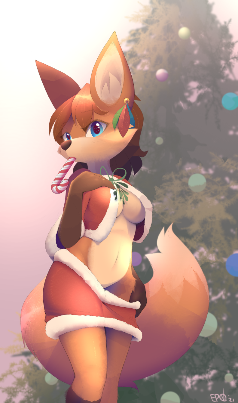 animal_humanoid anthro b-epon belly bottomwear bottomwear_pull breasts candy candy_cane canid canid_humanoid canine canine_humanoid christmas clothed clothing clothing_lift clothing_pull costume dessert female food fox fox_humanoid hi_res holidays humanoid mammal mammal_humanoid mistletoe plant samantha_(syronck01) seductive skirt skirt_lift skirt_pull solo sucking top under_boob undressing