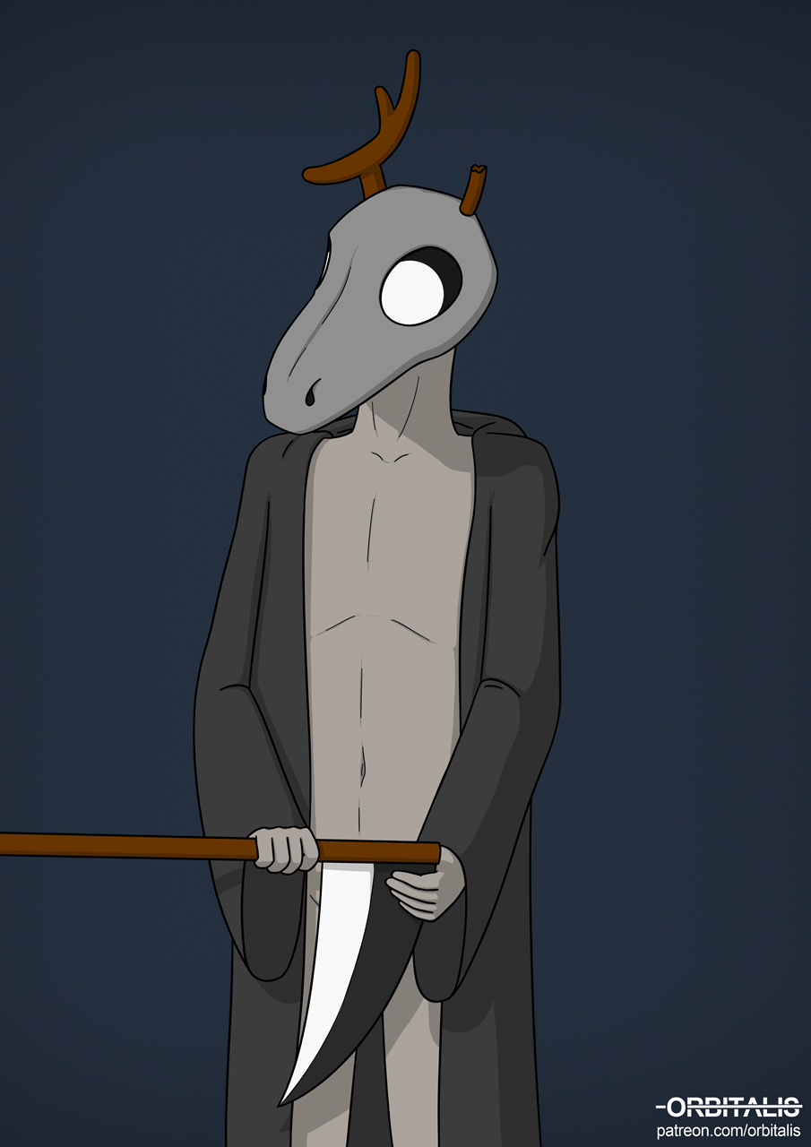 big_eyes black_sclera bone broken_horn clothed clothing covering covering_crotch covering_self death_(personification) grey_body grey_skin hi_res holding_object horn humanoid male melee_weapon navel orbitalis polearm robe scythe simple_background skull solo text thunder url weapon white_eyes
