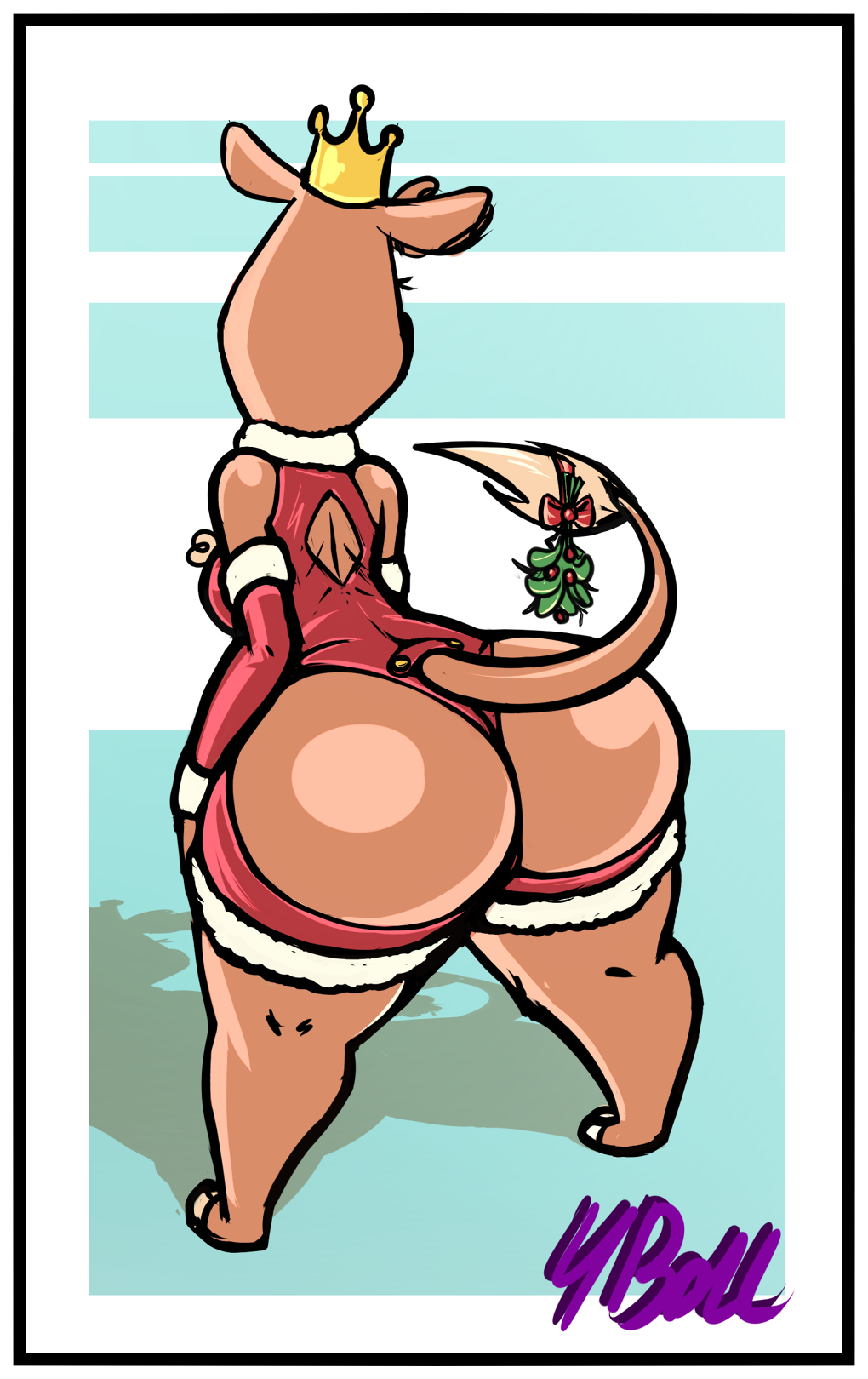 anthro big_butt border butt christmas christmas_clothing clothed clothing crown digital_media_(artwork) el_arca felid female fourball fur hi_res holidays lingonberry lion mammal mature_female pantherine queen_oriana royalty simple_background solo thick_thighs white_border wide_hips