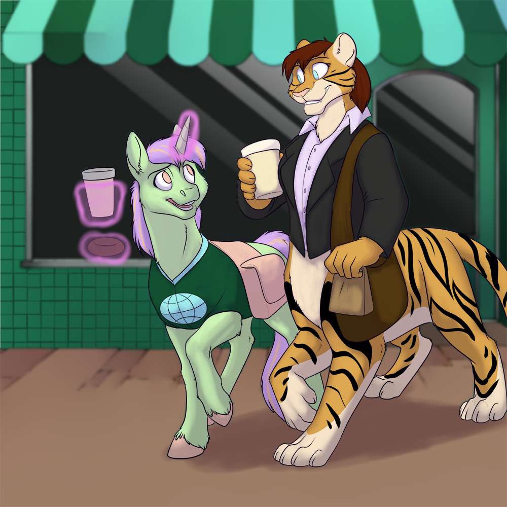 1:1 bottomless brown_hair chakat chakona_space clothed clothed_feral clothing duo equid equine felid felid_taur female feral foxenawolf fur green_body green_fur hair hasbro herm_(lore) hooves horn magic mammal mammal_taur my_little_pony open_mouth orange_body purple_hair purse striped_body striped_fur stripes taur tigerbright unicorn unicorn_horn violet_woods