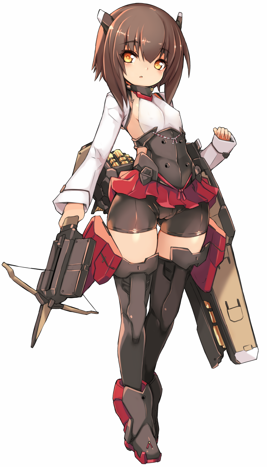1girl bike_shorts blush boots bow_(weapon) brown_eyes brown_hair crossbow eyebrows_visible_through_hair flat_chest full_body headband headgear highres kantai_collection karukan_(monjya) long_sleeves looking_at_viewer machinery pleated_skirt short_hair simple_background skirt solo taihou_(kantai_collection) thighhighs weapon white_background