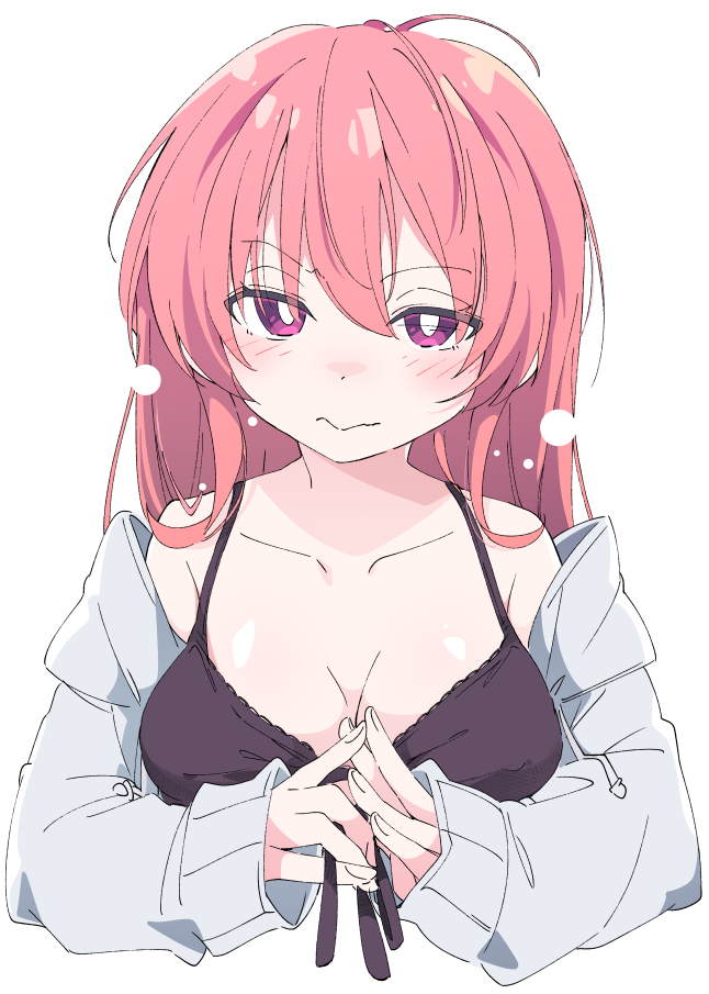 1girl a ahoge bangs black_bra bra breasts cleavage collarbone copyright_request eyebrows_visible_through_hair ixy looking_at_viewer medium_breasts pink_hair purple_eyes red_eyes shirt simple_background solo symbol_commentary underwear upper_body white_background