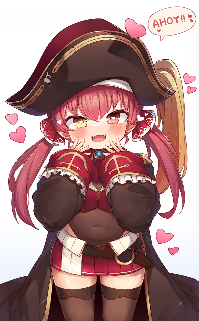 1girl belt black_coat black_headwear black_legwear black_leotard blush coat crop_top fangs hand_to_own_mouth hat heart heart-shaped_pupils highleg highleg_leotard hololive houshou_marine leotard leotard_under_clothes long_hair looking_at_viewer low_twintails miniskirt mou_tama_maru open_mouth oversized_clothes pirate_hat red_hair red_shirt red_skirt scrunchie see-through shirt simple_background skirt smile solo symbol-shaped_pupils thighhighs twintails virtual_youtuber white_background younger zettai_ryouiki