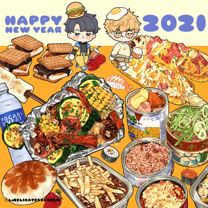 2boys blonde_hair blue_eyes blue_hair bottle bread can corn egg food food_focus fruit garnish glasses gunkanmaki hamburger le_delicatessen makizushi marshmallow meat multiple_boys nigirizushi nori_(seaweed) original pocari_sweat rice roe simple_background sparkle still_life strawberry sushi tagme water_bottle white_background yellow_eyes