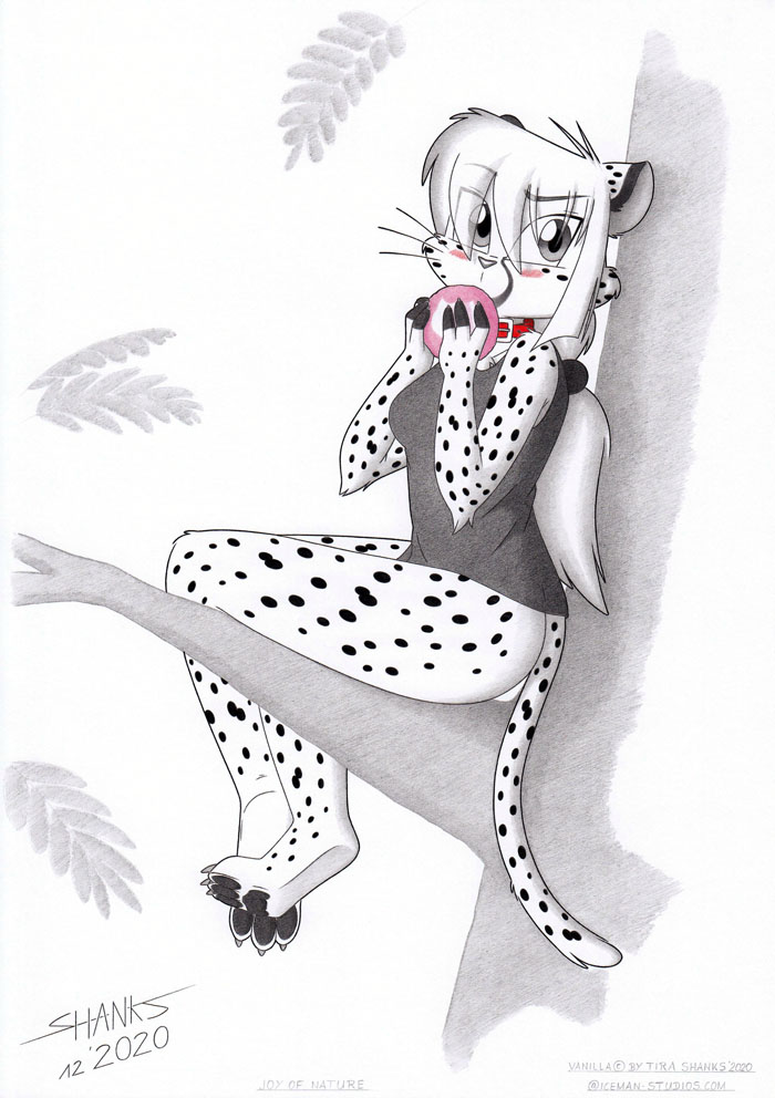 2020 anthro barefoot blush bottomless butt cheetah clothed clothing daifukumochi eating felid feline felis female mammal no_underwear nude pantherine pawpads paws plant sitting solo tirashanks_(artist) tree vanilla vanilla_(tirashanks) young