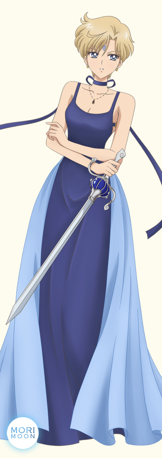 1girl bangs bishoujo_senshi_sailor_moon bishoujo_senshi_sailor_moon_crystal blonde_hair blue_choker blue_dress blue_eyes breasts choker cleavage collarbone dress earrings full_body hair_between_eyes hair_intakes highres holding holding_sword holding_weapon jewelry long_dress looking_at_viewer medium_breasts morimoon parted_lips pendant shiny shiny_hair short_hair simple_background sleeveless sleeveless_dress solo spaghetti_strap standing sword ten'ou_haruka weapon white_background