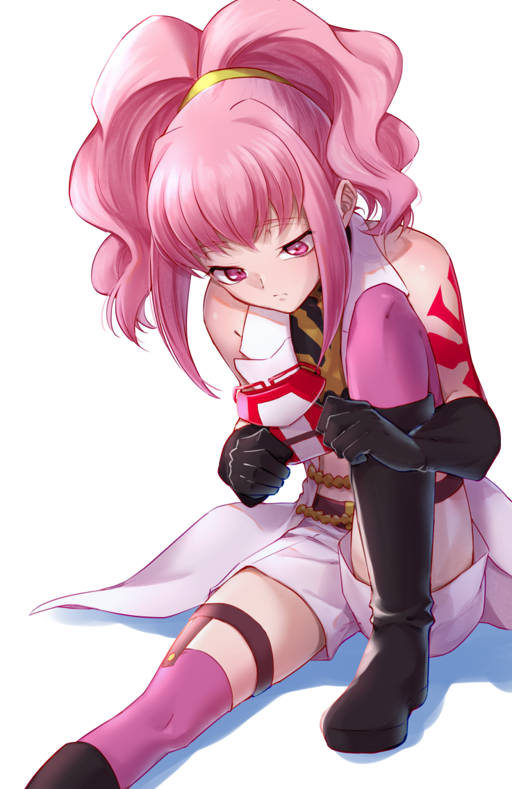 1girl anya_alstreim bangs black_footwear black_gloves boots closed_mouth code_geass crop_top elbow_gloves eyebrows_visible_through_hair frown gloves holding knee_boots long_hair looking_down midriff pink_eyes pink_hair pink_legwear ponytail shiny shiny_hair short_shorts shorts simple_background sitting solo soraao0322 stomach thigh_strap thighhighs white_background white_shorts