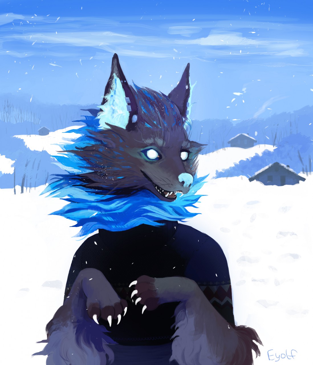 2019 black_body blue_eyes blue_nose canid canine canis clothed clothing colored_nails cyberzyd digital_media_(artwork) digital_painting_(artwork) forerst glowing glowing_eyes hi_res inner_ear_fluff male mammal nails painting_(artwork) piercing portrait sky snow snowing traditional_media_(artwork) tuft whiskers white_nails wolf