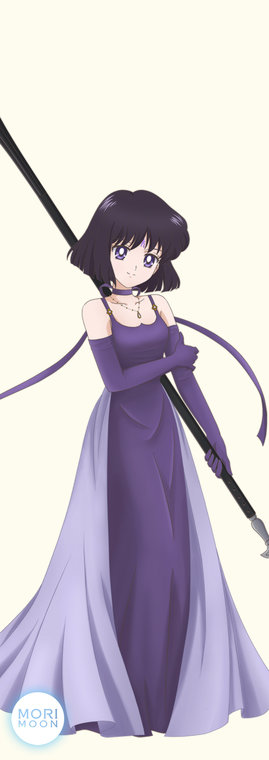 1girl bangs bishoujo_senshi_sailor_moon bishoujo_senshi_sailor_moon_crystal black_hair breasts choker closed_mouth collarbone dress elbow_gloves facial_mark full_body gloves highres holding holding_polearm holding_weapon jewelry long_dress medium_breasts medium_hair morimoon pendant polearm purple_choker purple_dress purple_eyes purple_gloves shiny shiny_hair simple_background sleeveless sleeveless_dress smile solo standing ten'ou_haruka weapon white_background