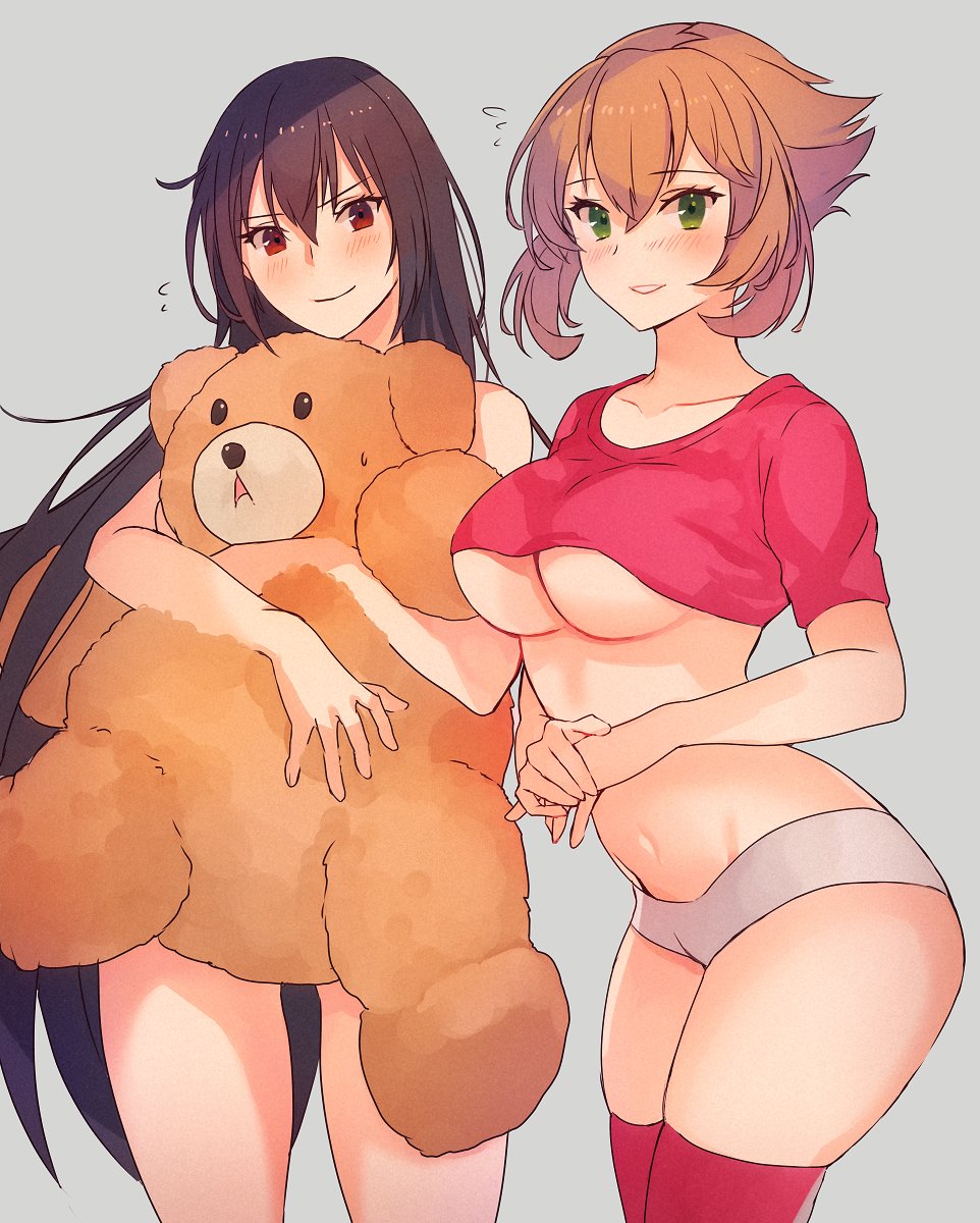 2girls alternate_costume bangs black_hair blush breasts brown_hair crop_top eyebrows_visible_through_hair flying_sweatdrops green_eyes grey_background hair_between_eyes highres holding kantai_collection kasumi_(skchkko) large_breasts long_hair multiple_girls mutsu_(kantai_collection) nagato_(kantai_collection) nude panties red_eyes red_legwear red_shirt shirt short_hair short_sleeves simple_background skindentation smile stuffed_animal stuffed_toy sweat teddy_bear thighhighs underboob underwear white_panties