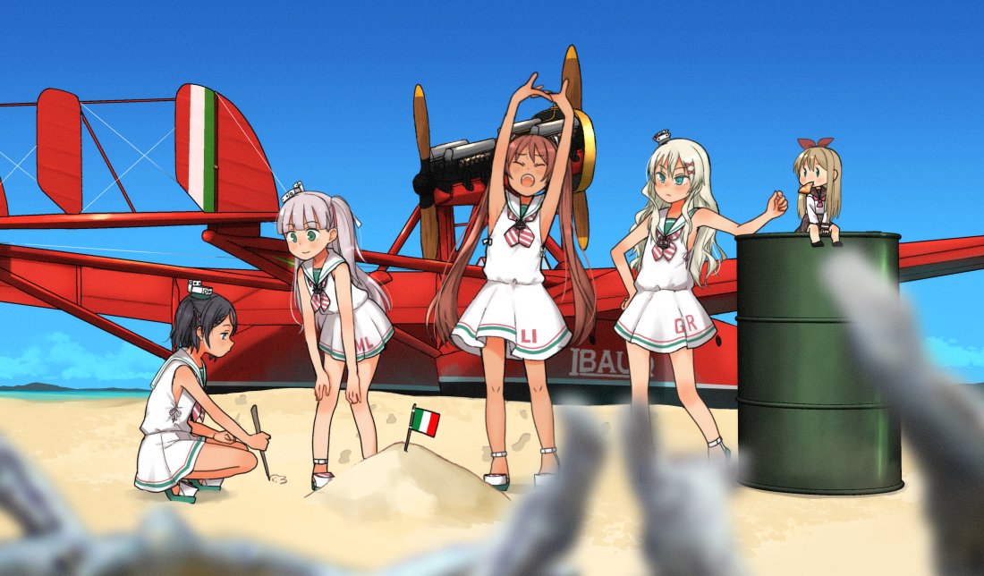 5girls aircraft airplane annin_musou arms_up bangs barrel beach black_hair blonde_hair blue_sky blunt_bangs brown_eyes brown_hair closed_eyes commentary_request day dress eyebrows_visible_through_hair fairy_(kantai_collection) grecale_(kantai_collection) green_eyes hair_ribbon headgear italian_flag kantai_collection libeccio_(kantai_collection) long_hair maestrale_(kantai_collection) multiple_girls neckerchief ocean one_side_up open_mouth outdoors ribbon sailor_collar sailor_dress sand scirocco_(kantai_collection) short_hair silver_hair sitting sky sleeveless sleeveless_dress smile stretch twintails vehicle_request wavy_hair white_dress white_ribbon white_sailor_collar