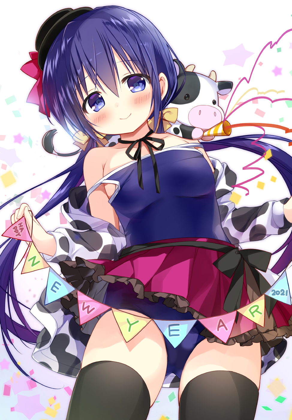 1girl animal_print ass_visible_through_thighs bare_shoulders black_headwear black_legwear blue_eyes blue_hair blue_swimsuit blush breasts chinese_zodiac closed_mouth collarbone commentary_request cow cow_print frilled_skirt frills happy_new_year hat highres holding long_hair long_sleeves low_twintails medium_breasts mini_hat nagayama_yuunon new_year off_shoulder one-piece_swimsuit open_clothes open_shirt original party_popper pennant pleated_skirt print_shirt purple_skirt school_swimsuit shirt simple_background skirt smile solo standing starry_background strap_slip streamers string_of_flags swimsuit thighhighs twintails very_long_hair white_background white_shirt year_of_the_ox