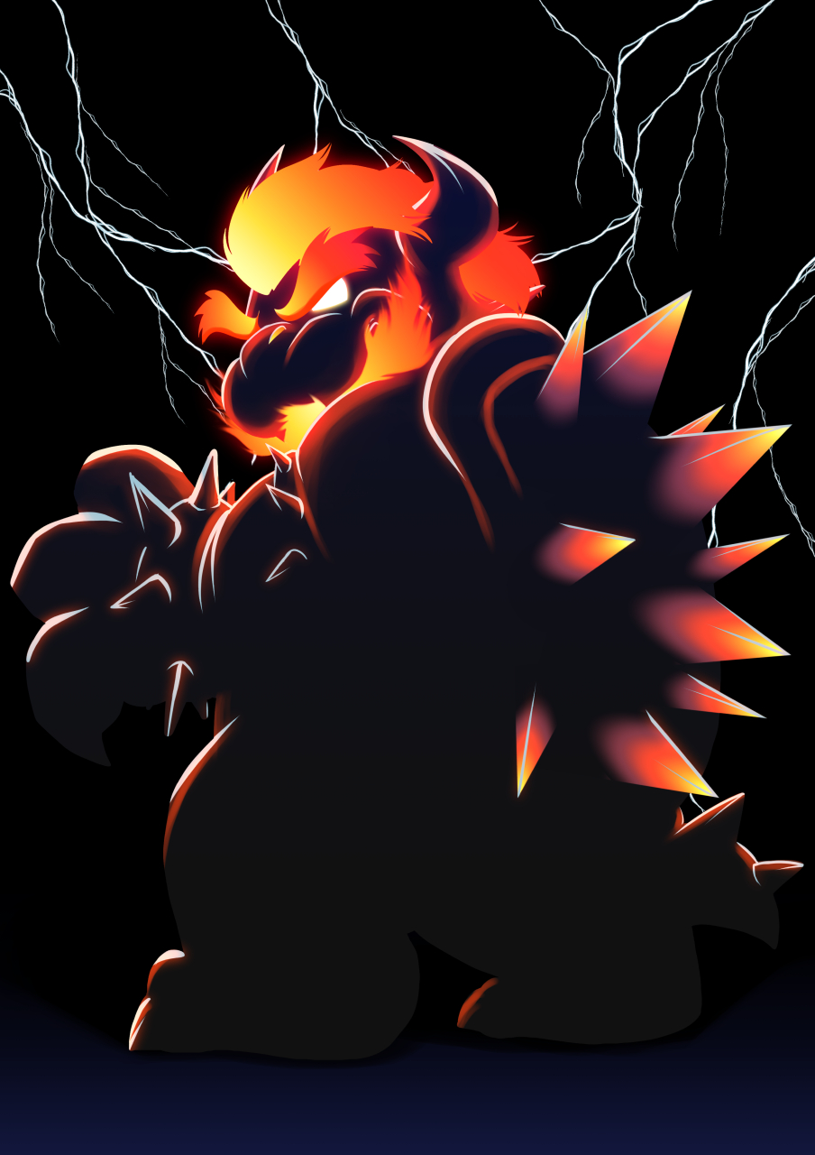 2021 anthro barefoot black_background black_body black_skin black_tail blonde_eyebrows blonde_hair bowser bowser's_fury bracelet claws eyebrows fire flaming_eyebrows flaming_hair fury_bowser glowing glowing_eyebrows glowing_hair hair hi_res horn jewelry koopa looking_at_viewer looking_back male mario_bros multicolored_eyebrows multicolored_hair nintendo orange_eyebrows orange_hair pseudo_hair red_eyebrows red_hair reptile scalie sharp_claws shell short_hair simple_background smile solo spiked_bracelet spiked_shell spiked_tail spikes spikes_(anatomy) standing thunder toe_claws vandroiy video_games white_eyes