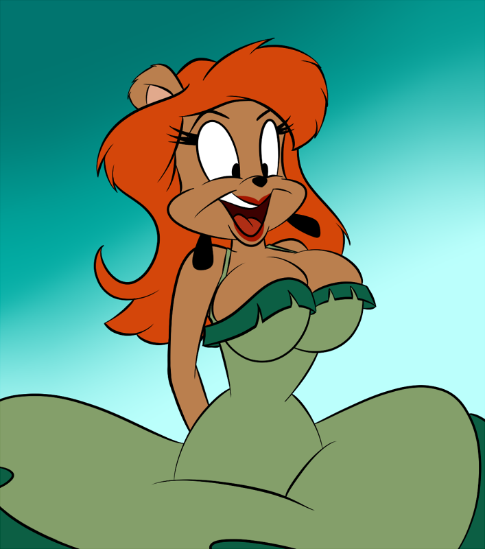 anthro breasts clothing dress ear_piercing ear_ring female hair julie_bruin lipstick makeup mammal piercing solo tiny_toon_adventures ursid vinfox warner_brothers