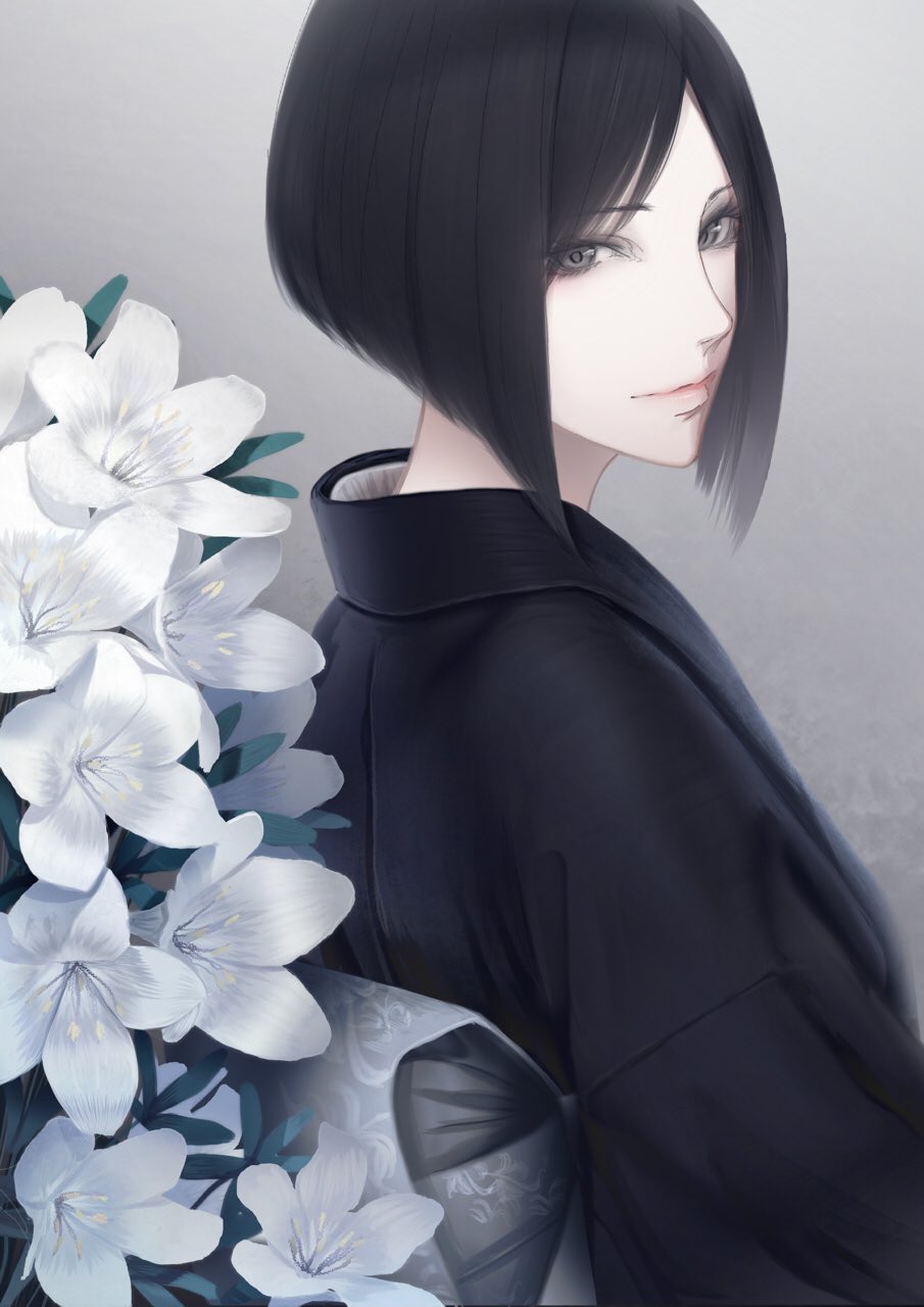 1girl black_hair black_kimono bob_cut commentary erise flower highres japanese_clothes kimono looking_at_viewer looking_back original short_hair simple_background solo upper_body