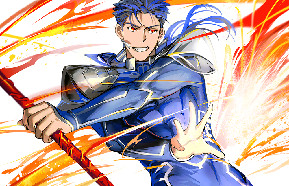 1boy 9sui abs armor beads blue_hair bodysuit closed_mouth cu_chulainn_(fate)_(all) earrings fang fate/stay_night fate_(series) gae_bolg hair_beads hair_ornament holding holding_polearm holding_weapon jewelry lancer long_hair male_focus muscular pauldrons polearm ponytail red_eyes shoulder_armor simple_background skin_tight solo spiked_hair type-moon weapon white_background