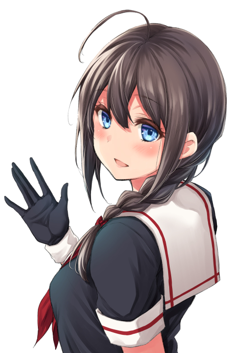 1girl ahoge black_gloves black_hair black_serafuku blue_eyes braid commentary_request from_behind gloves hair_over_shoulder kantai_collection long_hair looking_at_viewer looking_back neckerchief red_neckwear sailor_collar school_uniform serafuku shigure_(kantai_collection) simple_background solo upper_body waving white_background white_sailor_collar yammy