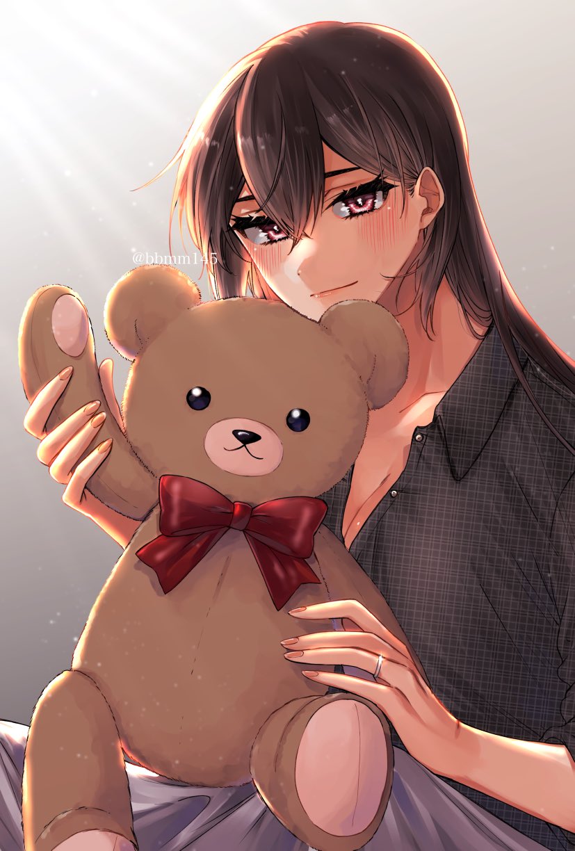 1girl alternate_costume black_hair black_shirt breasts cleavage commentary_request highres jewelry kantai_collection large_breasts long_hair looking_at_viewer machi_(ritovoyage) nagato_(kantai_collection) nail_polish no_headgear pajamas red_hair ring shirt solo stuffed_animal stuffed_toy teddy_bear twitter_username unmoving_pattern upper_body wedding_band