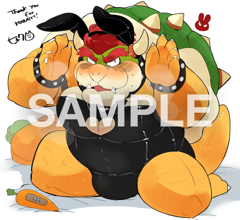 2021 anthro belly blush bowser bulge bunny_costume clothing costume cute_fangs distracting_watermark hyaku_(artist) japanese_text kemono koopa male mario_bros nintendo overweight overweight_anthro overweight_male scalie solo text video_games watermark