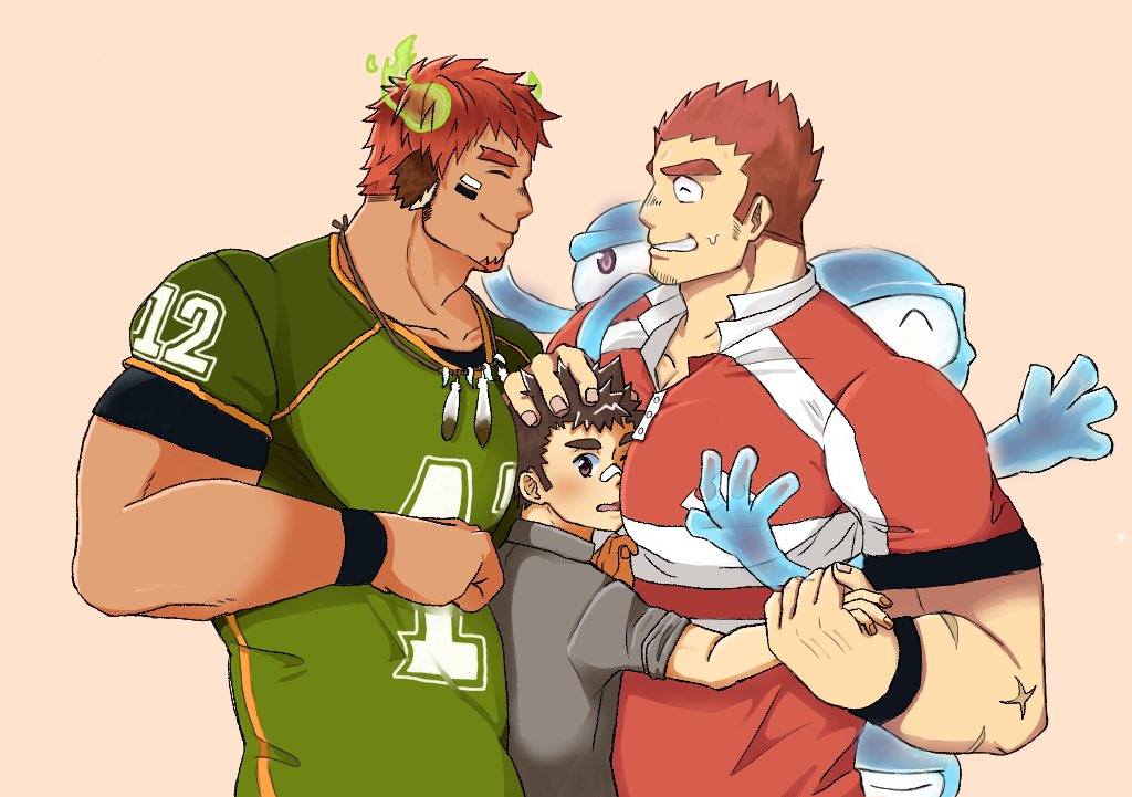 3boys american_football_uniform animal_ears bara between_pecs boy_sandwich brown_hair cow_boy cow_ears cow_horns dark_skin dark_skinned_male facial_hair feather_necklace fiery_horns forked_eyebrows garugaru_wolf03 glowing_horns goatee green_shirt gunzo_(tokyo_houkago_summoners) hand_on_another's_head head_between_pecs horns male_focus master_1_(tokyo_houkago_summoners) multiple_boys muscular muscular_male pectoral_press pectorals rugby_uniform sandwiched scar_on_arm shirt short_hair short_sleeves simple_background size_difference smile spiked_hair sportswear thick_eyebrows tokyo_houkago_summoners upper_body wakan_tanka yaoi