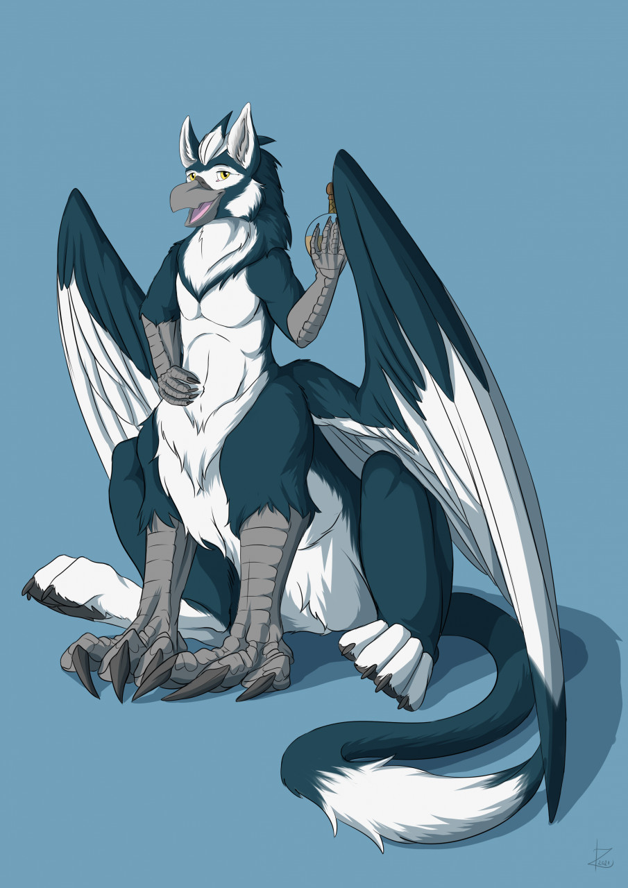 2021 3_toes 4_fingers 4_toes 8_limbs alternate_species ambiguous_gender avian avian_taur beak black_claws black_pawpads blue_background blue_body blue_feathers blue_fur claws countershading feathers feet fingers fur grey_beak gryphon gryphon_taur hi_res holding_object looking_at_viewer mythological_avian mythology pawpads paws pink_tongue simple_background solo taur toes tongue white_body white_countershading white_feathers white_fur white_inner_ear white_inner_ear_fluff wings yellow_eyes zarakon zarakon_(character)
