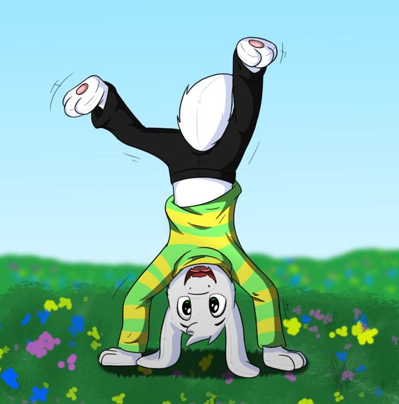 asriel_dreemurr backwards big_eyes black_bottomwear black_clothing black_pants bottomwear bovid caprine clothed clothing flower goat grass happy male mammal monster pants plant playful smile solo undertale unknown_artist video_games young