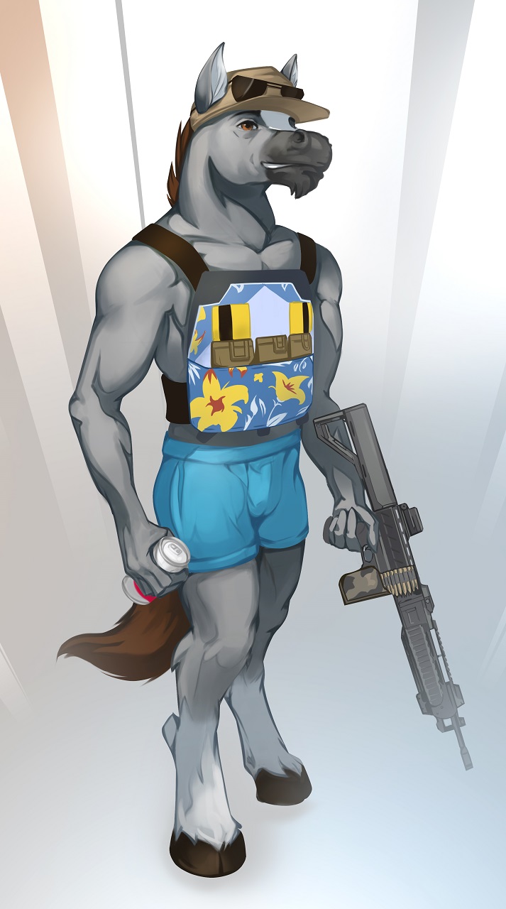 2020 alcohol anthro beer beverage boxers_(clothing) brown_mane brown_tail bullet clothed clothing equid equine eyebrows eyewear fluffy fluffy_tail gradient_background grey_body grey_skin grin gun hat headgear headwear hi_res holding_object holding_weapon hooves horse inner_ear_fluff light_machine_gun looking_at_viewer male mammal mane muscular muscular_male orange_eyes partially_clothed pimpartist ranged_weapon simple_background smile sunglasses teeth traditional_media_(artwork) tuft underwear weapon