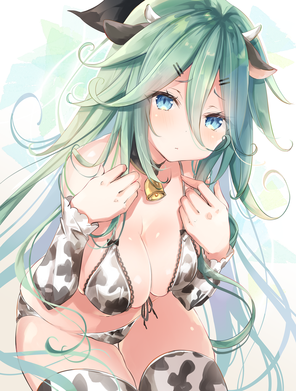 1girl alternate_costume animal_ears animal_print bangs bell bikini black_ribbon breasts cleavage cow_ears cow_horns cow_print detached_sleeves fake_animal_ears fake_horns frilled_bikini frills front-tie_top green_eyes green_hair hair_between_eyes hair_ornament hair_ribbon hairclip highres horns kantai_collection kurun_(kurun777) long_hair looking_at_viewer medium_breasts parted_bangs ribbon seiza sidelocks simple_background sitting solo swimsuit thighhighs white_background white_bikini white_legwear yamakaze_(kantai_collection)