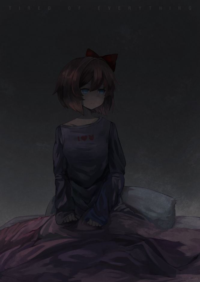 1girl bangs blue_eyes blue_shirt bow clothes_writing commentary depressed doki_doki_literature_club empty_eyes english_commentary english_text frown hair_between_eyes hair_bow indoors long_sleeves looking_away looking_to_the_side pillow pink_hair red_bow red_headwear sayori_(doki_doki_literature_club) shirt short_hair sitting sleeves_past_wrists solo takuyarawr under_covers
