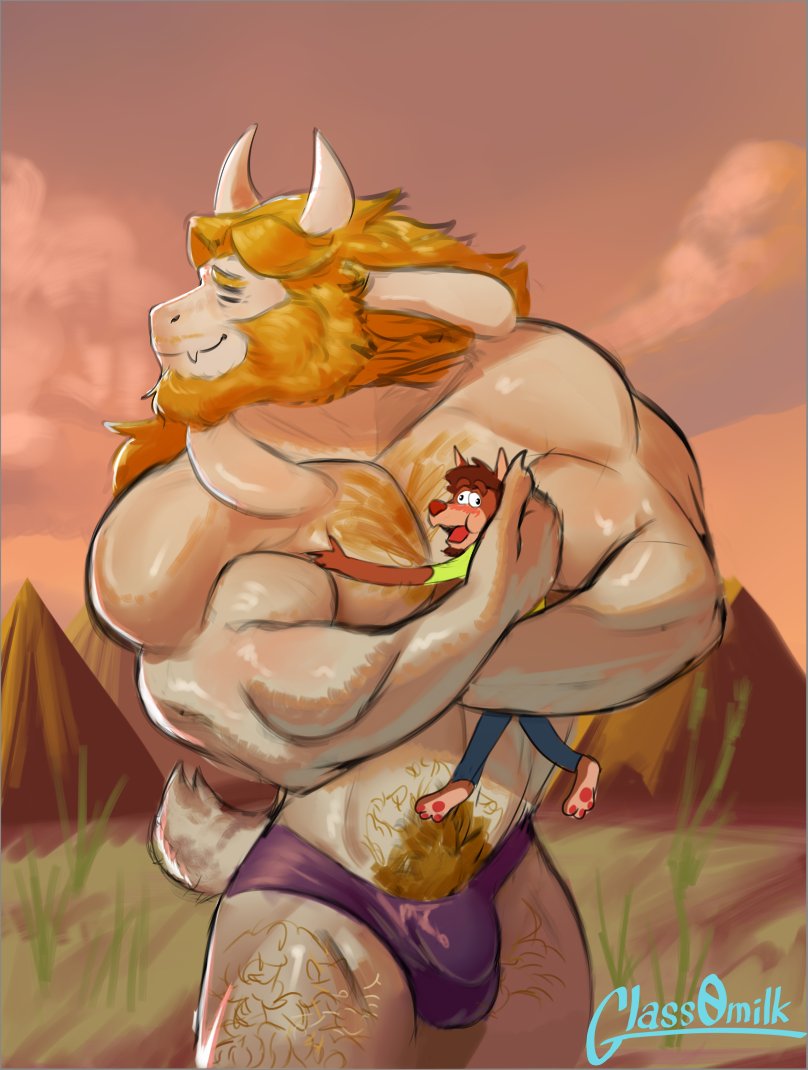 anthro asgore_dreemurr balls beard blonde_hair bodily_fluids boss_monster bovid brown_body brown_fur canid canine caprine clothed clothing duo facial_hair fur genitals glass0milk goat hair long_ears male male/male mammal muscular nipples raccoon_dog simple_background size_difference tanuki tony_amaretto undertale video_games