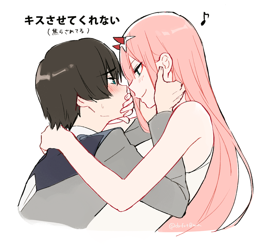 1boy 1girl bangs black_hair blue_eyes blush closed_mouth collar commentary_request couple darling_in_the_franxx dress eye_contact eyebrows_visible_through_hair face-to-face from_behind green_eyes grey_jacket hair_between_eyes hairband hand_on_another's_cheek hand_on_another's_face hand_on_another's_mouth hetero hiro_(darling_in_the_franxx) horns hug jacket long_hair looking_at_another military military_uniform musical_note oni_horns pink_hair red_horns sidelocks simple_background sleeveless sleeveless_dress smile sweat toma_(norishio) translation_request uniform upper_body white_background white_dress white_hairband zero_two_(darling_in_the_franxx)