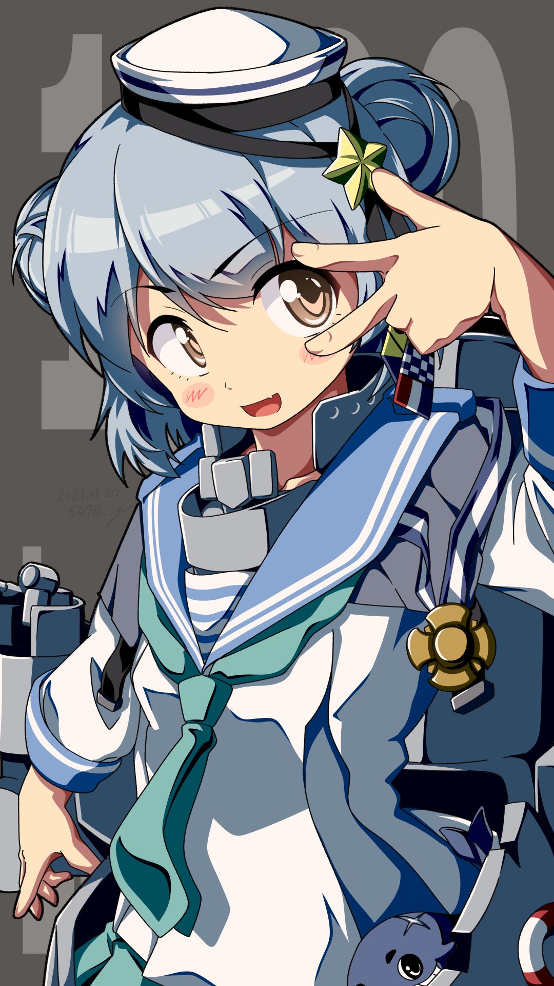 1girl 547th_sy animal aqua_hair aqua_neckwear background_text bangs blue_sailor_collar blush brown_eyes dixie_cup_hat double_bun eyebrows_visible_through_hair fang grey_background hat highres kantai_collection little_blue_whale_(kantai_collection) long_sleeves medal military_hat neckerchief open_mouth rigging sailor_collar samuel_b._roberts_(kantai_collection) school_uniform serafuku simple_background skin_fang upper_body w whale white_headwear