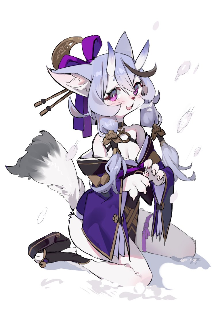 2020 4_fingers alternate_species anthro blush breasts canid canine cleavage clothed clothing ear_tuft female fingers fluffy fluffy_tail fox fur furrification grey_hair hair horn kemono long_hair looking_at_viewer mammal nijisanji open_mouth open_smile purple_clothing purple_eyes rindou_mikoto sandal seinen simple_background small_breasts smile snout solo tuft virtual_youtuber white_background white_body white_fur