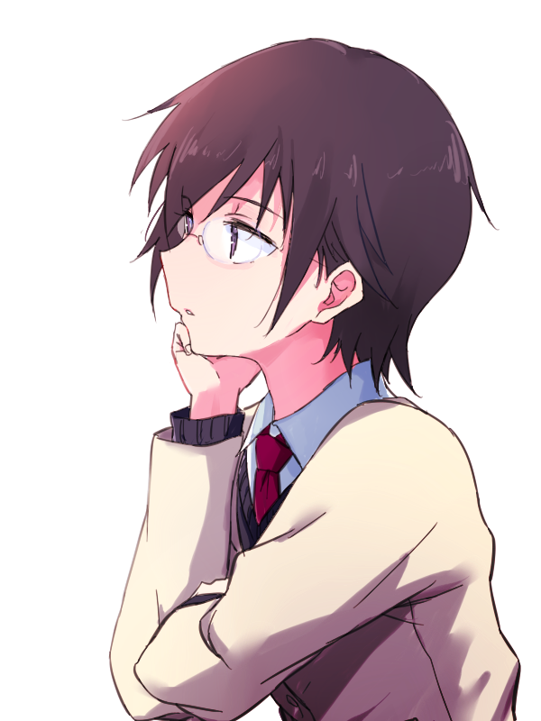 1girl black_cardigan black_eyes black_hair blazer cardigan collared_shirt commentary_request fingernails from_side glasses hand_on_own_chin hand_up head_rest jacket komiyama_kotomi long_sleeves looking_to_the_side maromi_(am97) necktie parted_lips purple_neckwear school_uniform shirt short_hair simple_background solo upper_body watashi_ga_motenai_no_wa_dou_kangaetemo_omaera_ga_warui! white_background white_shirt yellow_jacket