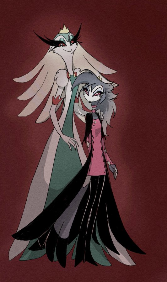 avian bird clothed clothing crown cuttoncandyhair daughter demon dress duo feathers female hand_behind_back hand_on_shoulder helluva_boss mother mother_and_child mother_and_daughter octavia_(vivzmind) owl parent parent_and_child simple_background smile stella_(vivzmind) tail_feathers