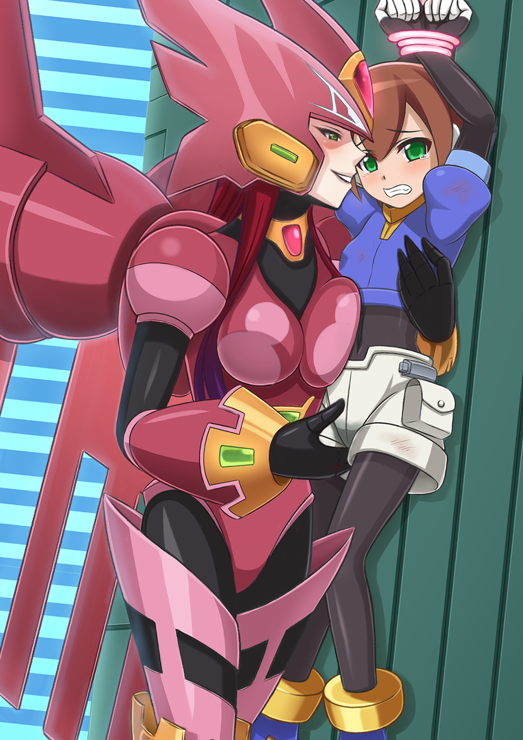 2girls aile_(rockman) android armor armored_boots armored_leotard arms_up bangs bdsm blue_footwear blue_jacket blush bodystocking bondage boots bound breasts brown_hair clenched_teeth commentary_request covered_navel cowboy_shot detached_wings energy_whip eyebrows_visible_through_hair ferham gloves green_eyes hair_between_eyes hand_on_another's_chest hand_on_another's_crotch helmet highres holding jacket large_breasts long_hair looking_at_another looking_at_viewer miruno multiple_girls parted_lips pink_armor red_hair robot_ears rockman rockman_x rockman_x_command_mission rockman_x_dive rockman_zx shadow short_hair short_shorts shorts sidelocks skin_tight small_breasts smile spandex standing tears teeth whip white_shorts wings yuri