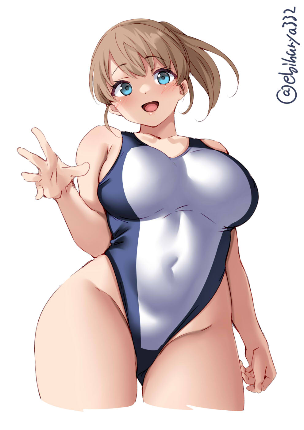 1girl :d blue_eyes blush breasts brown_hair collarbone competition_swimsuit cropped_legs ebifurya eyebrows_visible_through_hair groin highleg highleg_swimsuit highres intrepid_(kantai_collection) kantai_collection large_breasts long_hair one-piece_swimsuit open_mouth ponytail short_hair simple_background smile solo swimsuit twitter_username white_background white_swimsuit