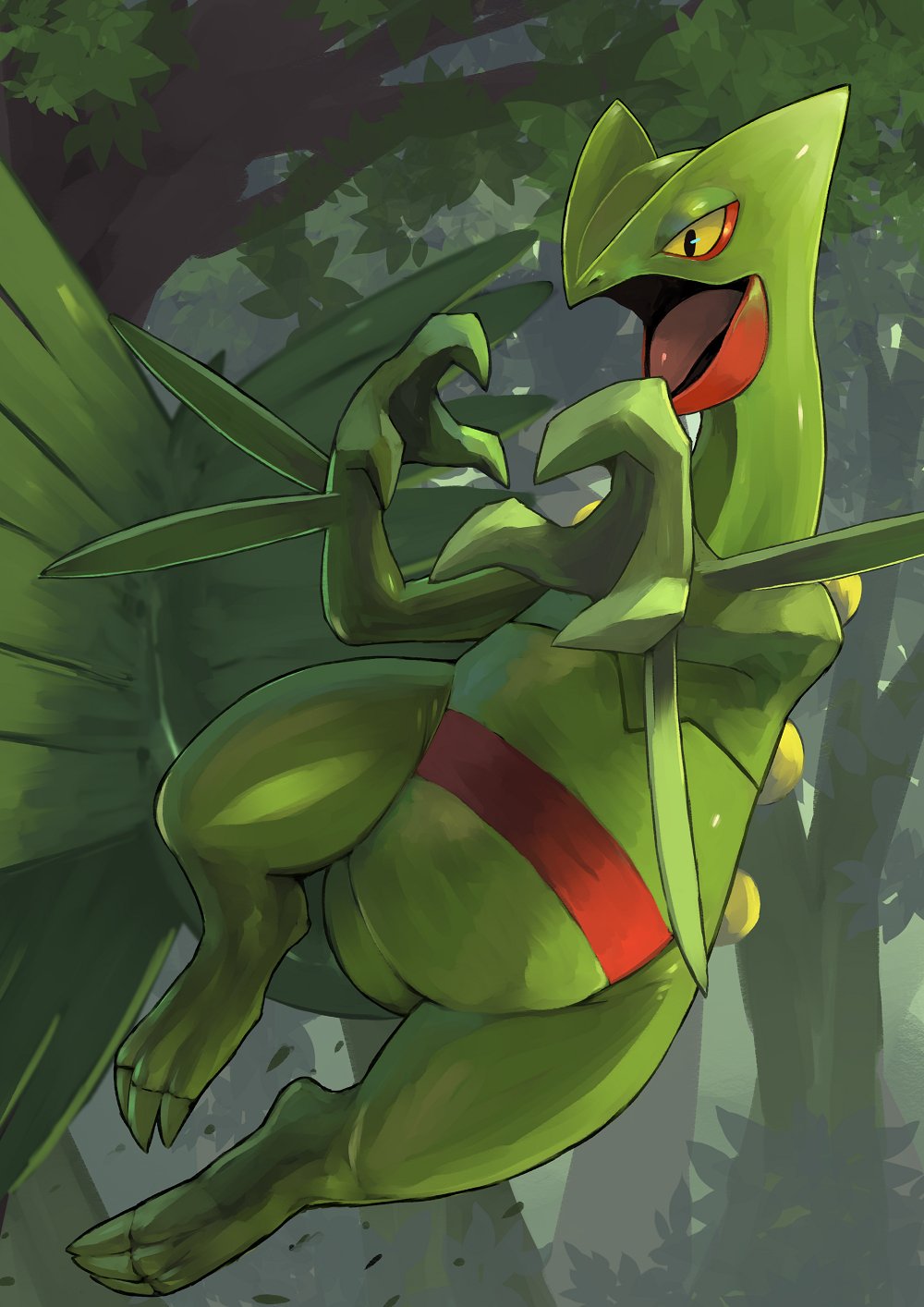 2017 3_fingers 3_toes action_pose ambiguous_gender anthro biped claws colored detailed_background digital_media_(artwork) elemental_creature feet fingers flora_fauna forest full-length_portrait grass green_body green_claws green_scales green_tail hi_res leaf markings midair nintendo nude open_mouth plant pok&eacute;mon pok&eacute;mon_(species) portrait pose raised_claws red_body red_markings red_scales reptile scales scalie sceptile solo striped_body stripes tessy toe_claws toes tongue tree video_games yellow_sclera