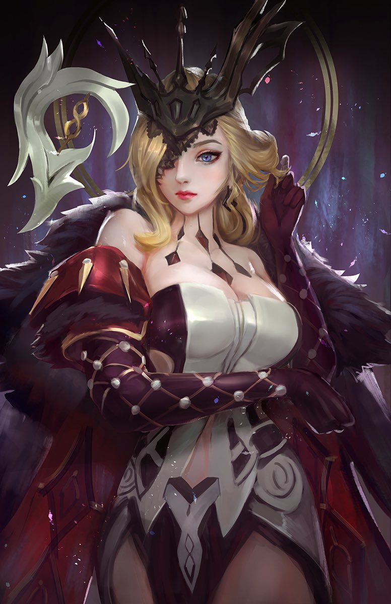 1girl bare_shoulders black_mask blonde_hair blue_eyes breasts cglas cleavage closed_mouth detached_sleeves dress fishnet_gloves fishnets fur_collar genshin_impact gloves highres lace-trimmed_eyepatch large_breasts long_hair one_eye_covered signora standing thighs white_dress