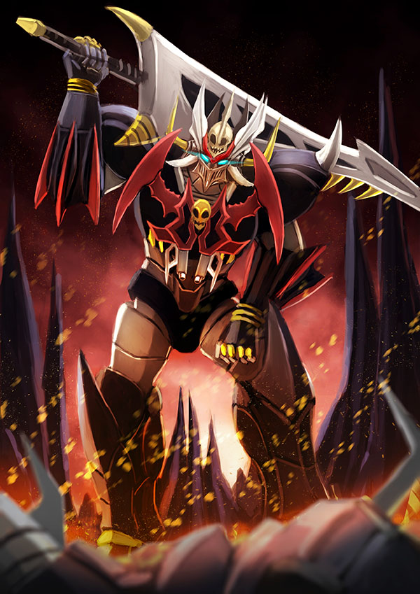 blue_eyes clenched_hand fire glowing glowing_eyes holding holding_sword holding_weapon mazinkaiser mazinkaiser_skl mazinkaiser_skl_(mecha) mecha no_humans science_fiction sikama-78 skull super_robot sword v-fin visor weapon