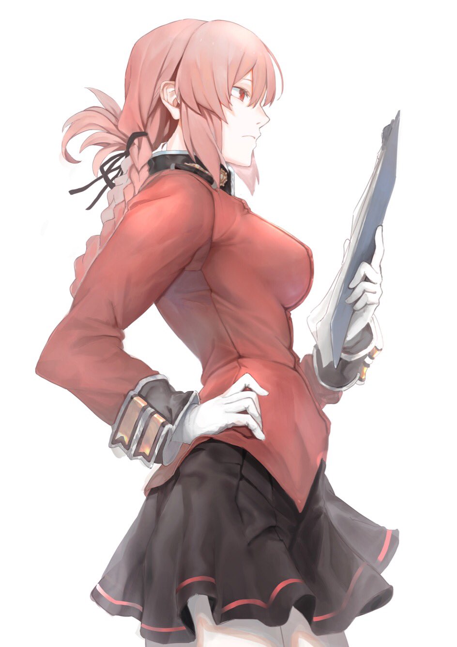 1girl braid breasts clipboard fate/grand_order fate_(series) florence_nightingale_(fate/grand_order) gloves hand_on_hip harutask highres large_breasts pantyhose pink_hair pleated_skirt profile red_eyes skirt white_background white_gloves white_legwear