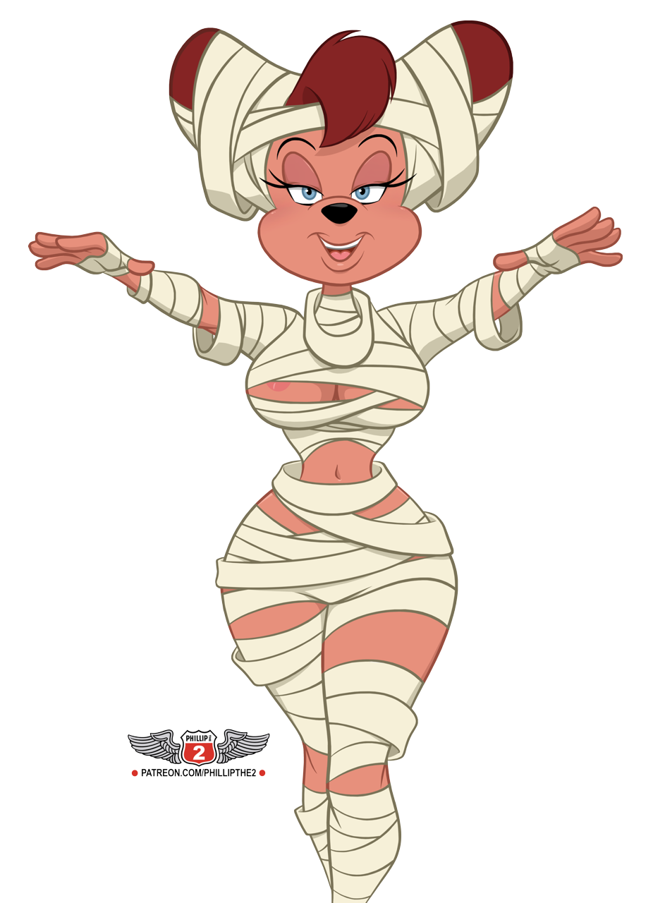 alpha_channel anthro blue_eyes breasts canid canine chadrocco clothing costume disney female goof_troop hair hi_res looking_at_viewer mammal mummy_costume nipple_slip nipples peg_pete phillipthe2 red_hair smile solo thick_thighs