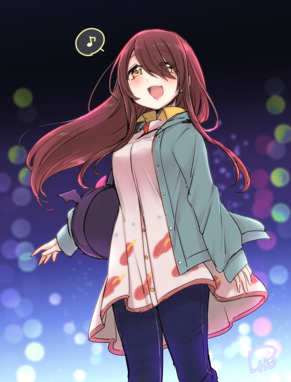 1girl bag bangs blue_cardigan blush breasts brown_hair buttons cardigan collared_shirt commentary_request denim dot_nose dress eyebrows_visible_through_hair flip_(diiolive) gradient gradient_background hair_between_eyes hair_over_one_eye handbag highres idolmaster idolmaster_shiny_colors jeans long_hair long_sleeves looking_afar medium_breasts multicolored multicolored_background multicolored_clothes multicolored_dress musical_note oosaki_tenka open_mouth pants shirt sidelocks signature sleeves_past_wrists smile solo speech_bubble spoken_musical_note white_dress yellow_eyes yellow_shirt