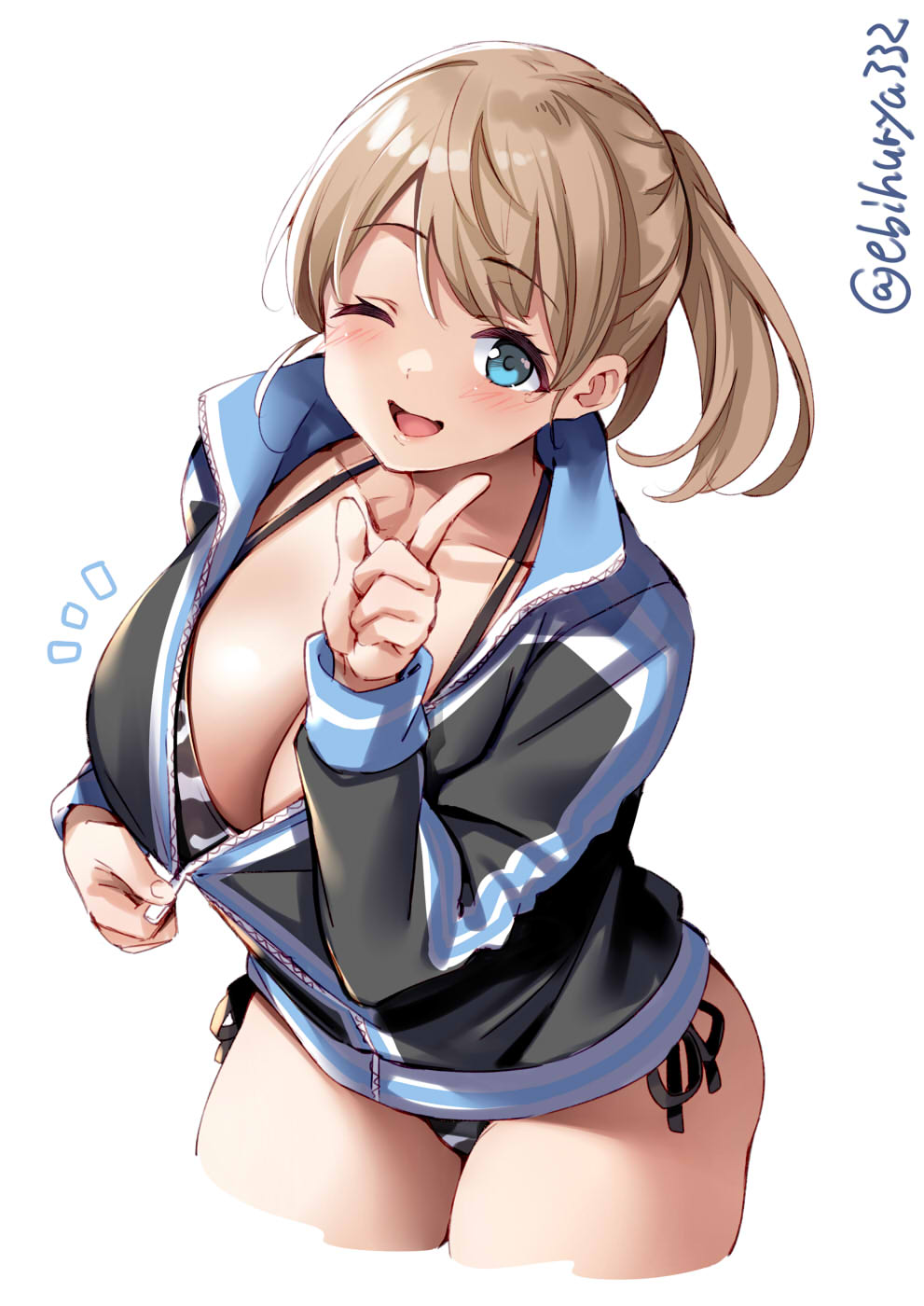 1girl alternate_costume animal_print arm_up bangs bikini bikini_under_clothes blue_eyes blush breasts brown_hair cleavage commentary_request cow_print cowboy_shot cropped_legs ebifurya eyebrows_visible_through_hair full-length_zipper highres index_finger_raised intrepid_(kantai_collection) jacket jacket_over_swimsuit kantai_collection large_breasts long_sleeves looking_at_viewer no_pants one_eye_closed open_mouth pointing pointing_up ponytail short_hair side-tie_bikini simple_background smile solo string_bikini striped swimsuit swimsuit_under_clothes track_jacket twitter_username unzipped unzipping white_background zipper