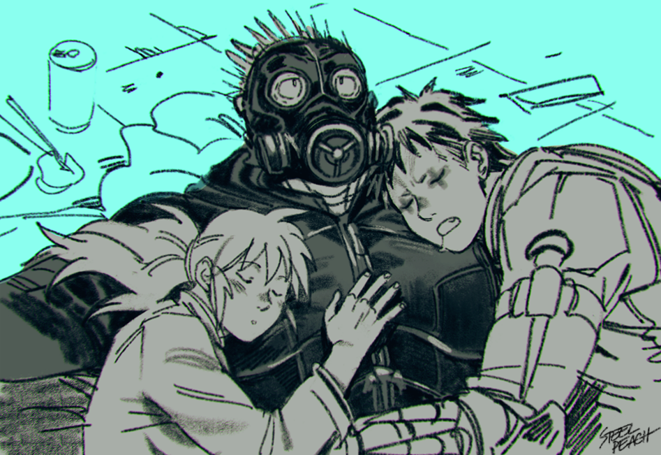1girl 2boys agroshka blush dorohedoro drooling gas_mask hand_on_another's_chest jacket kaiman_(dorohedoro) looking_up multiple_boys multiple_monochrome muscular muscular_male nikaidou_(dorohedoro) open_mouth pectoral_pillow risu_(dorohedoro) sandwiched short_hair sleeping sleeping_on_person spikes