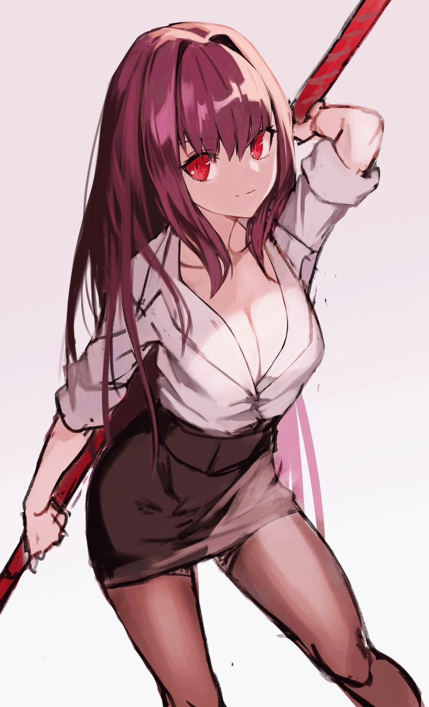 breasts chorogon cleavage dress_shirt fate/grand_order fate_(series) gae_bolg hair_intakes highres large_breasts long_hair long_sleeves panties pantyhose pantyshot polearm purple_hair red_eyes scathach_(fate)_(all) scathach_(fate/grand_order) shirt skirt spear thighband_pantyhose underwear very_long_hair weapon white_shirt