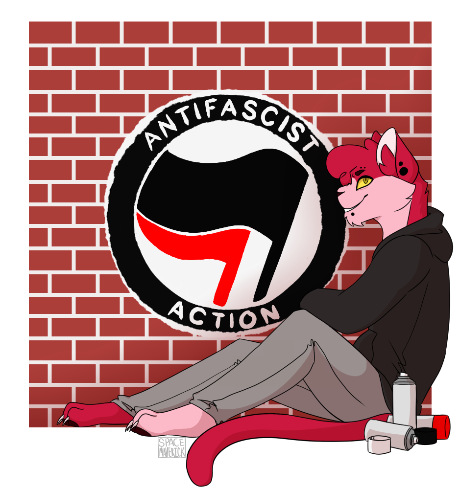 alpha_channel anthro antifa brick_wall claws clothed clothing domestic_cat ear_piercing english_text felid feline felis fully_clothed fur graffiti head_tuft james_(spacemaverick) looking_at_viewer male mammal paint piercing pink_body pink_fur politics punk smile solo spacemaverick spray_can spray_paint text tuft wall_(structure) yellow_eyes